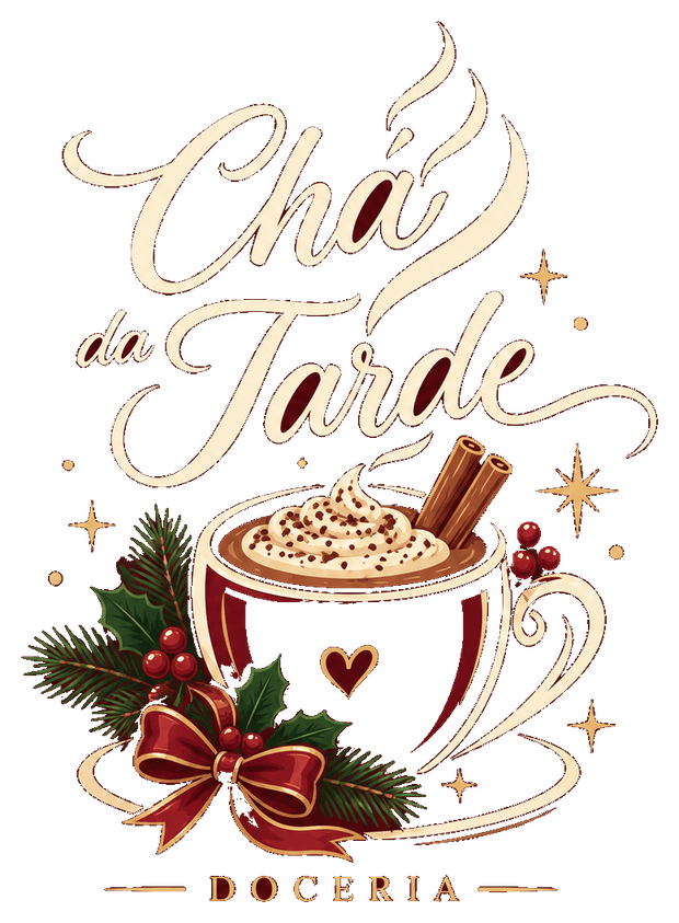 Chá da Tarde Doceria — edição de Natal: xícara de chocolate quente com chantilly, canela, azevinho e laço