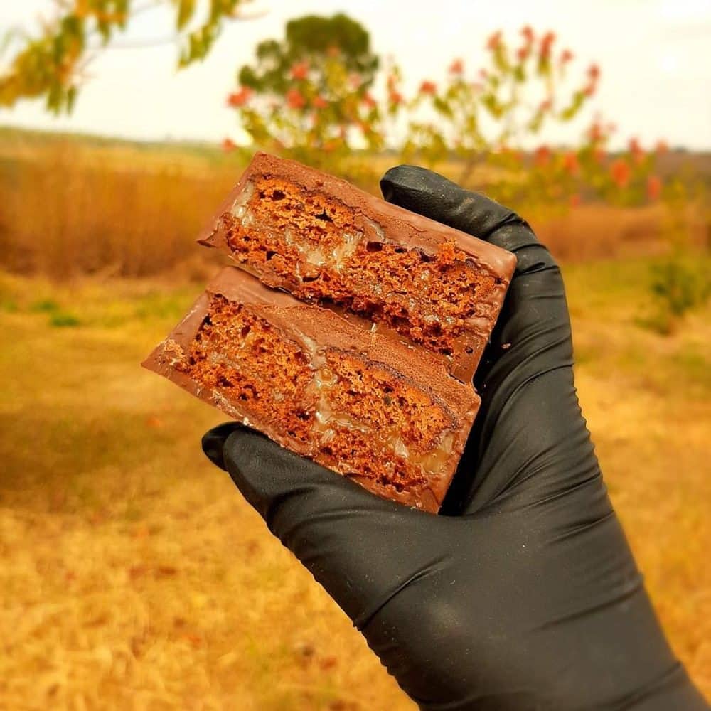 Dois pães de mel partidos ao meio, mostrando o recheio e a cobertura de chocolate